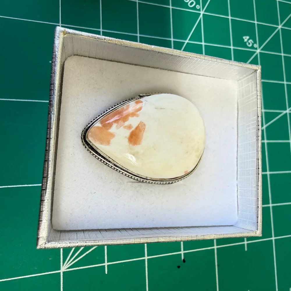Hand Crafted Scolecite‎ Orange Calcite Silver Plated Statement Ring Size 6
